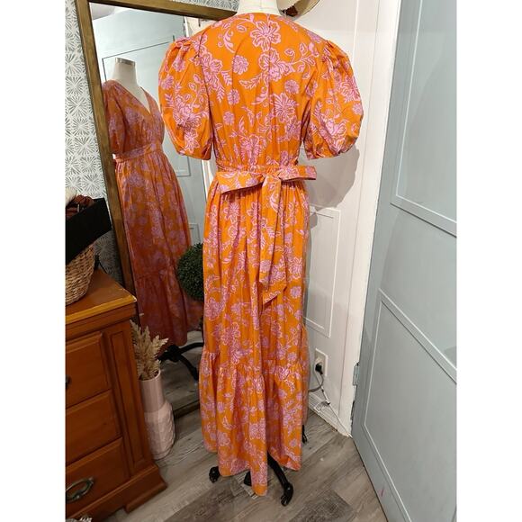 XiRENA Larkyn Cotton Maxi Dress Plunge V-Neck Puff Sleeve Size Medium Orange - Picture 5 of 11